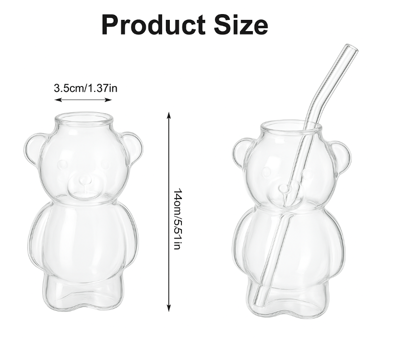 320ML Creative Cute Bear Coffee Glass Cup with Straw