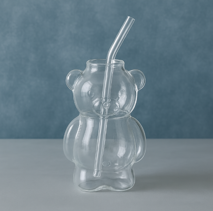 320ML Creative Cute Bear Coffee Glass Cup with Straw