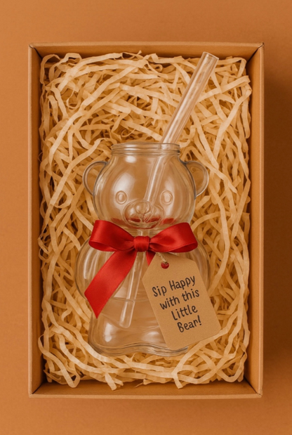 320ML Creative Cute Bear Coffee Glass Cup with Straw